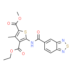 ChemSpider 2D Image | 4-Ethyl 2-methyl 5-[(2,1,3-benzothiadiazol-5-ylcarbonyl)amino]-3-methyl-2,4-thiophenedicarboxylate | C17H15N3O5S2