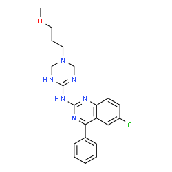 ChemSpider 2D Image | 6-Chloro-N-[5-(3-methoxypropyl)-1,4,5,6-tetrahydro-1,3,5-triazin-2-yl]-4-phenyl-2-quinazolinamine | C21H23ClN6O