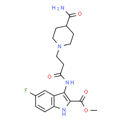ChemSpider 2D Image | Methyl 3-{[3-(4-carbamoyl-1-piperidinyl)propanoyl]amino}-5-fluoro-1H-indole-2-carboxylate | C19H23FN4O4