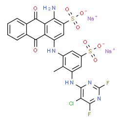 ChemSpider 2D Image | Disodium 1-amino-4-({3-[(5-chloro-2,6-difluoro-4-pyrimidinyl)amino]-2-methyl-5-sulfonatophenyl}amino)-9,10-dioxo-9,10-dihydro-2-anthracenesulfonate | C25H14ClF2N5Na2O8S2