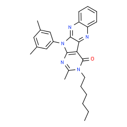 ChemSpider 2D Image | 11-(3,5-Dimethylphenyl)-3-hexyl-2-methyl-3,11-dihydro-4H-pyrimido[5',4':4,5]pyrrolo[2,3-b]quinoxalin-4-one | C27H29N5O
