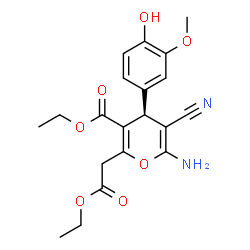 ChemSpider 2D Image | Ethyl (4S)-6-amino-5-cyano-2-(2-ethoxy-2-oxoethyl)-4-(4-hydroxy-3-methoxyphenyl)-4H-pyran-3-carboxylate | C20H22N2O7