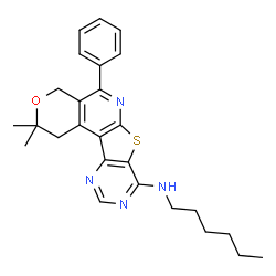 ChemSpider 2D Image | N-Hexyl-2,2-dimethyl-5-phenyl-1,4-dihydro-2H-pyrano[4'',3'':4',5']pyrido[3',2':4,5]thieno[3,2-d]pyrimidin-8-amine | C26H30N4OS
