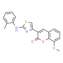 ChemSpider 2D Image | 8-Methoxy-3-{2-[(2-methylphenyl)amino]-1,3-thiazol-4-yl}-2H-chromen-2-one | C20H16N2O3S