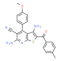 ChemSpider 2D Image | 3,6-Diamino-4-(4-methoxyphenyl)-2-(4-methylbenzoyl)thieno[2,3-b]pyridine-5-carbonitrile | C23H18N4O2S