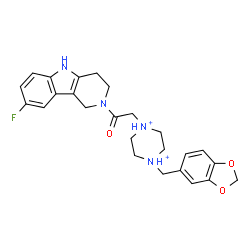 ChemSpider 2D Image | 1-(1,3-Benzodioxol-5-ylmethyl)-4-[2-(8-fluoro-1,3,4,5-tetrahydro-2H-pyrido[4,3-b]indol-2-yl)-2-oxoethyl]piperazinediium | C25H29FN4O3