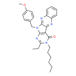 ChemSpider 2D Image | 2-Ethyl-3-hexyl-11-(4-methoxybenzyl)-3,11-dihydro-4H-pyrimido[5',4':4,5]pyrrolo[2,3-b]quinoxalin-4-one | C28H31N5O2