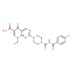 ChemSpider 2D Image | 8-Ethyl-2-{4-[(4-fluorobenzoyl)carbamothioyl]-1-piperazinyl}-5-oxo-5,8-dihydropyrido[2,3-d]pyrimidine-6-carboxylic acid | C22H21FN6O4S