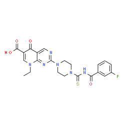 ChemSpider 2D Image | 8-Ethyl-2-{4-[(3-fluorobenzoyl)carbamothioyl]-1-piperazinyl}-5-oxo-5,8-dihydropyrido[2,3-d]pyrimidine-6-carboxylic acid | C22H21FN6O4S