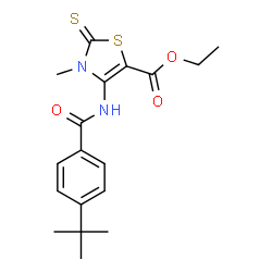 ChemSpider 2D Image | Ethyl 4-[(4-tert-butylbenzoyl)amino]-3-methyl-2-thioxo-2,3-dihydro-1,3-thiazole-5-carboxylate | C18H22N2O3S2
