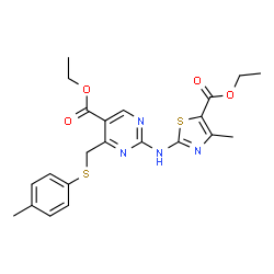 ChemSpider 2D Image | Ethyl 2-{[5-(ethoxycarbonyl)-4-methyl-1,3-thiazol-2-yl]amino}-4-{[(4-methylphenyl)sulfanyl]methyl}-5-pyrimidinecarboxylate | C22H24N4O4S2