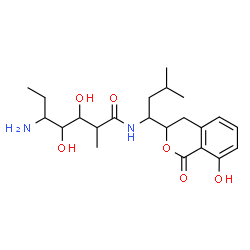 ChemSpider 2D Image | 5-Amino-3,4-dihydroxy-N-[1-(8-hydroxy-1-oxo-3,4-dihydro-1H-isochromen-3-yl)-3-methylbutyl]-2-methylheptanamide | C22H34N2O6