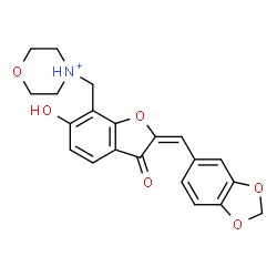 ChemSpider 2D Image | 4-{[(2E)-2-(1,3-Benzodioxol-5-ylmethylene)-6-hydroxy-3-oxo-2,3-dihydro-1-benzofuran-7-yl]methyl}morpholin-4-ium | C21H20NO6