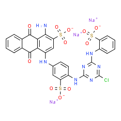 ChemSpider 2D Image | Trisodium 1-amino-4-{[4-({4-chloro-6-[(2-sulfonatophenyl)amino]-1,3,5-triazin-2-yl}amino)-3-sulfonatophenyl]amino}-9,10-dioxo-9,10-dihydro-2-anthracenesulfonate | C29H17ClN7Na3O11S3