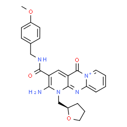 ChemSpider 2D Image | 2-Amino-3-[(4-methoxybenzyl)carbamoyl]-5-oxo-1-[(2R)-tetrahydro-2-furanylmethyl]-1,5-dihydrodipyrido[1,2-a:2',3'-d]pyrimidin-6-ium | C25H26N5O4