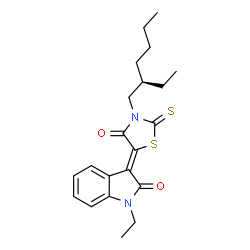 ChemSpider 2D Image | (3Z)-1-Ethyl-3-{3-[(2R)-2-ethylhexyl]-4-oxo-2-thioxo-1,3-thiazolidin-5-ylidene}-1,3-dihydro-2H-indol-2-one | C21H26N2O2S2
