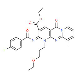 ChemSpider 2D Image | Ethyl (2E)-1-(3-ethoxypropyl)-2-[(4-fluorobenzoyl)imino]-10-methyl-5-oxo-1,5-dihydro-2H-dipyrido[1,2-a:2',3'-d]pyrimidine-3-carboxylate | C27H27FN4O5