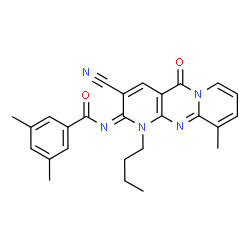 ChemSpider 2D Image | N-[(2E)-1-Butyl-3-cyano-10-methyl-5-oxo-1,5-dihydro-2H-dipyrido[1,2-a:2',3'-d]pyrimidin-2-ylidene]-3,5-dimethylbenzamide | C26H25N5O2