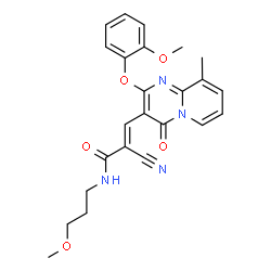 ChemSpider 2D Image | (2E)-2-Cyano-3-[2-(2-methoxyphenoxy)-9-methyl-4-oxo-4H-pyrido[1,2-a]pyrimidin-3-yl]-N-(3-methoxypropyl)acrylamide | C24H24N4O5