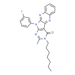 ChemSpider 2D Image | 11-(3-Fluorophenyl)-3-heptyl-2-methyl-3,11-dihydro-4H-pyrimido[5',4':4,5]pyrrolo[2,3-b]quinoxalin-4-one | C26H26FN5O
