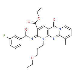 ChemSpider 2D Image | Ethyl (2E)-1-(3-ethoxypropyl)-2-[(3-fluorobenzoyl)imino]-10-methyl-5-oxo-1,5-dihydro-2H-dipyrido[1,2-a:2',3'-d]pyrimidine-3-carboxylate | C27H27FN4O5