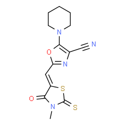 ChemSpider 2D Image | 2-[(Z)-(3-Methyl-4-oxo-2-thioxo-1,3-thiazolidin-5-ylidene)methyl]-5-(1-piperidinyl)-1,3-oxazole-4-carbonitrile | C14H14N4O2S2