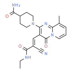 ChemSpider 2D Image | 1-{3-[(1E)-2-Cyano-3-(ethylamino)-3-oxo-1-propen-1-yl]-9-methyl-4-oxo-4H-pyrido[1,2-a]pyrimidin-2-yl}-4-piperidinecarboxamide | C21H24N6O3