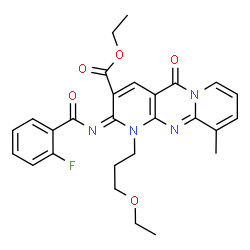 ChemSpider 2D Image | Ethyl (2E)-1-(3-ethoxypropyl)-2-[(2-fluorobenzoyl)imino]-10-methyl-5-oxo-1,5-dihydro-2H-dipyrido[1,2-a:2',3'-d]pyrimidine-3-carboxylate | C27H27FN4O5