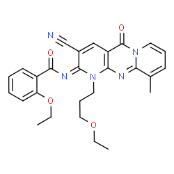 ChemSpider 2D Image | N-[(2E)-3-Cyano-1-(3-ethoxypropyl)-10-methyl-5-oxo-1,5-dihydro-2H-dipyrido[1,2-a:2',3'-d]pyrimidin-2-ylidene]-2-ethoxybenzamide | C27H27N5O4