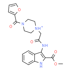 ChemSpider 2D Image | 4-(2-Furoyl)-1-(2-{[2-(methoxycarbonyl)-1H-indol-3-yl]amino}-2-oxoethyl)piperazin-1-ium | C21H23N4O5