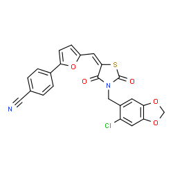 ChemSpider 2D Image | 4-{5-[(E)-{3-[(6-Chloro-1,3-benzodioxol-5-yl)methyl]-2,4-dioxo-1,3-thiazolidin-5-ylidene}methyl]-2-furyl}benzonitrile | C23H13ClN2O5S