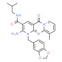 ChemSpider 2D Image | 2-Amino-1-(1,3-benzodioxol-5-ylmethyl)-3-(isobutylcarbamoyl)-10-methyl-5-oxo-1,5-dihydrodipyrido[1,2-a:2',3'-d]pyrimidin-6-ium | C25H26N5O4