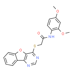 ChemSpider 2D Image | 2-([1]Benzofuro[3,2-d]pyrimidin-4-ylsulfanyl)-N-(2,4-dimethoxyphenyl)acetamide | C20H17N3O4S