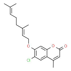 ChemSpider 2D Image | 6-Chloro-7-{[(2E)-3,7-dimethyl-2,6-octadien-1-yl]oxy}-4-methyl-2H-chromen-2-one | C20H23ClO3