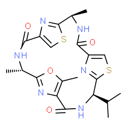 ChemSpider 2D Image | (4R,11R,18R)-11-Isopropyl-4,7,18-trimethyl-6-oxa-13,20-dithia-3,10,17,22,23,24-hexaazatetracyclo[17.2.1.1~5,8~.1~12,15~]tetracosa-1(21),5(24),7,12(23),14,19(22)-hexaene-2,9,16-trione | C21H24N6O4S2