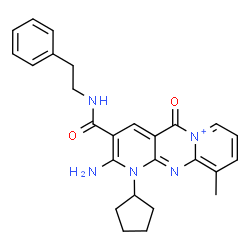 ChemSpider 2D Image | 2-Amino-1-cyclopentyl-10-methyl-5-oxo-3-[(2-phenylethyl)carbamoyl]-1,5-dihydrodipyrido[1,2-a:2',3'-d]pyrimidin-6-ium | C26H28N5O2