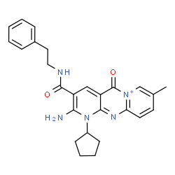 ChemSpider 2D Image | 2-Amino-1-cyclopentyl-8-methyl-5-oxo-3-[(2-phenylethyl)carbamoyl]-1,5-dihydrodipyrido[1,2-a:2',3'-d]pyrimidin-6-ium | C26H28N5O2