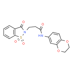 ChemSpider 2D Image | N-(2,3-Dihydro-1,4-benzodioxin-6-yl)-3-(1,1-dioxido-3-oxo-1,2-benzothiazol-2(3H)-yl)propanamide | C18H16N2O6S