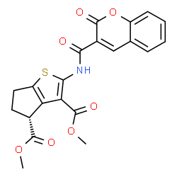 ChemSpider 2D Image | Dimethyl (4R)-2-{[(2-oxo-2H-chromen-3-yl)carbonyl]amino}-5,6-dihydro-4H-cyclopenta[b]thiophene-3,4-dicarboxylate | C21H17NO7S