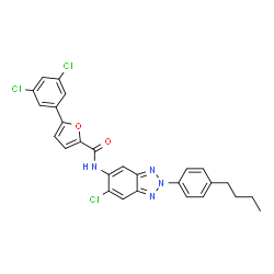 ChemSpider 2D Image | N-[2-(4-Butylphenyl)-6-chloro-2H-benzotriazol-5-yl]-5-(3,5-dichlorophenyl)-2-furamide | C27H21Cl3N4O2