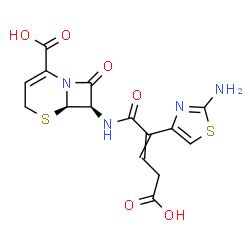 ChemSpider 2D Image | (6R,7R)-7-{[2-(2-Amino-1,3-thiazol-4-yl)-4-carboxy-2-butenoyl]amino}-8-oxo-5-thia-1-azabicyclo[4.2.0]oct-2-ene-2-carboxylic acid | C15H14N4O6S2