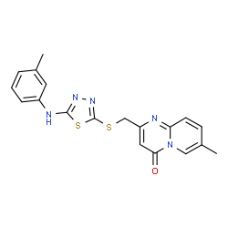 ChemSpider 2D Image | 7-Methyl-2-[({5-[(3-methylphenyl)amino]-1,3,4-thiadiazol-2-yl}sulfanyl)methyl]-4H-pyrido[1,2-a]pyrimidin-4-one | C19H17N5OS2