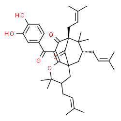 ChemSpider 2D Image | (9R,11R)-7-(3,4-Dihydroxybenzoyl)-4,4,10,10-tetramethyl-3,9,11-tris(3-methyl-2-buten-1-yl)-5-oxatricyclo[7.3.1.0~1,6~]tridec-6-ene-8,13-dione | C38H50O6
