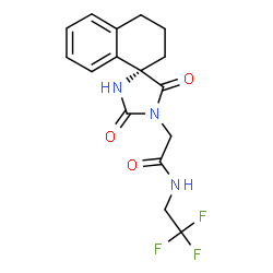 ChemSpider 2D Image | 2-[(4S)-2,5-Dioxo-3',4'-dihydro-1H,2'H-spiro[imidazolidine-4,1'-naphthalen]-1-yl]-N-(2,2,2-trifluoroethyl)acetamide | C16H16F3N3O3