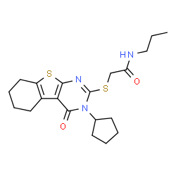 ChemSpider 2D Image | 2-[(3-Cyclopentyl-4-oxo-3,4,5,6,7,8-hexahydro[1]benzothieno[2,3-d]pyrimidin-2-yl)sulfanyl]-N-propylacetamide | C20H27N3O2S2