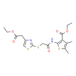 ChemSpider 2D Image | Ethyl 2-[({[4-(2-ethoxy-2-oxoethyl)-1,3-thiazol-2-yl]sulfanyl}acetyl)amino]-4,5-dimethyl-3-thiophenecarboxylate | C18H22N2O5S3
