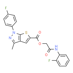 ChemSpider 2D Image | 2-[(2-Fluorophenyl)amino]-2-oxoethyl 1-(4-fluorophenyl)-3-methyl-1H-thieno[2,3-c]pyrazole-5-carboxylate | C21H15F2N3O3S