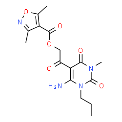 ChemSpider 2D Image | 3,5-dimethyl-4-isoxazolecarboxylic acid [2-(4-amino-1-methyl-2,6-dioxo-3-propyl-5-pyrimidinyl)-2-oxoethyl] ester | C16H20N4O6