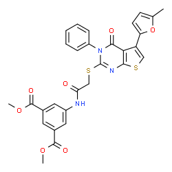 ChemSpider 2D Image | Dimethyl 5-[({[5-(5-methyl-2-furyl)-4-oxo-3-phenyl-3,4-dihydrothieno[2,3-d]pyrimidin-2-yl]sulfanyl}acetyl)amino]isophthalate | C29H23N3O7S2