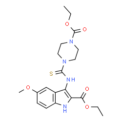 ChemSpider 2D Image | Ethyl 3-({[4-(ethoxycarbonyl)-1-piperazinyl]carbonothioyl}amino)-5-methoxy-1H-indole-2-carboxylate | C20H26N4O5S